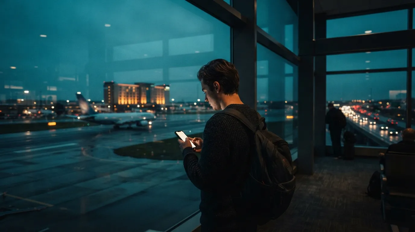 A traveler checking a phone at a dark airport terminal with a plane, a lit hotel, and highway traffic visible through the window