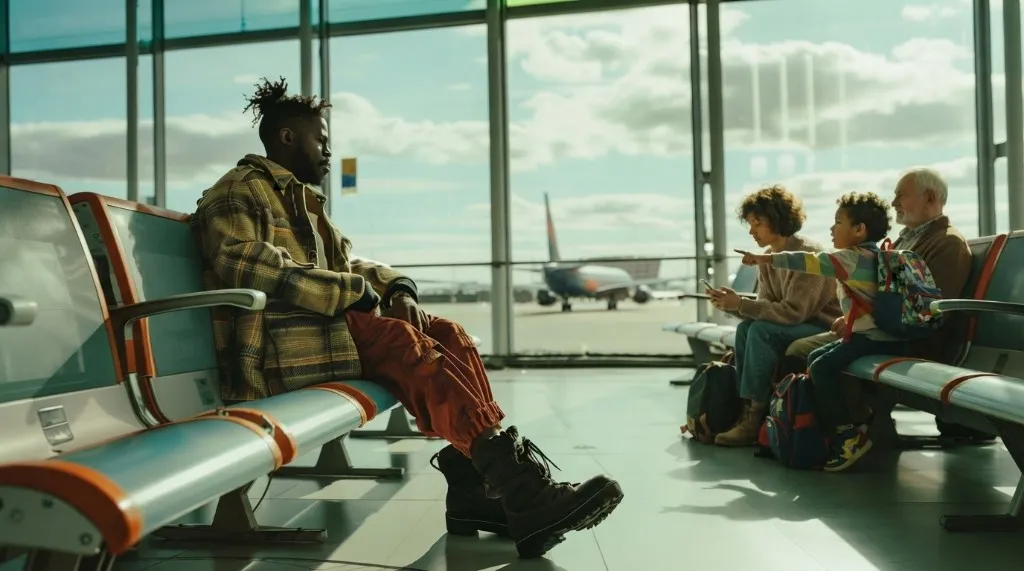 Travelers waiting at a sunlit airport gate with a plane on the tarmac outside
