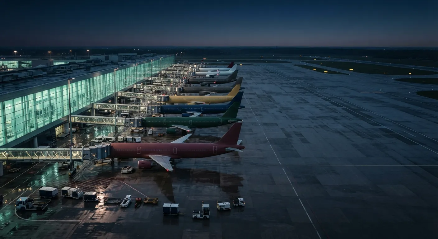 Six aircraft in different liveries parked in a row at airport gates at dusk, wet tarmac reflecting teal terminal light under a dark sky