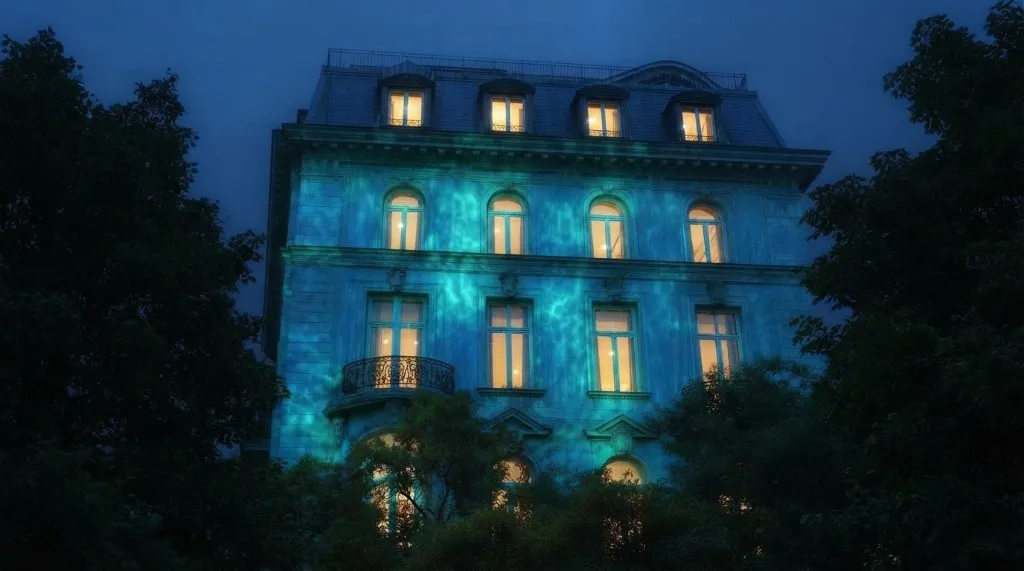 A Haussmann-style hotel facade at dusk with lit windows and teal light on the stone