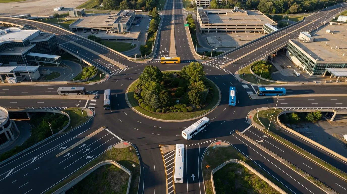 An aerial drone view of an airport roundabout where multiple rental car shuttle buses in different colors converge from several roads, hub-and-spoke pattern on dark asphalt