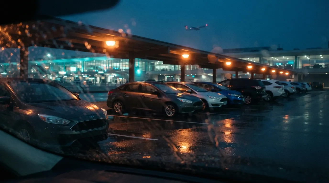 A row of rental cars on wet asphalt at a rainy airport pickup zone at dusk, teal terminal glow behind them and a plane in the dark sky above