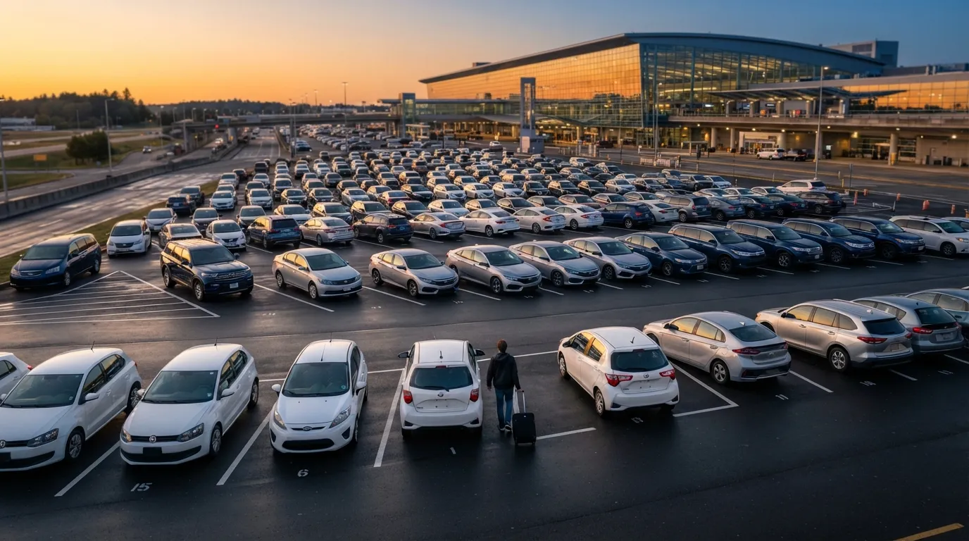 A line of different rental vehicles from compact to SUV on a sunny lot with airport terminals in the background