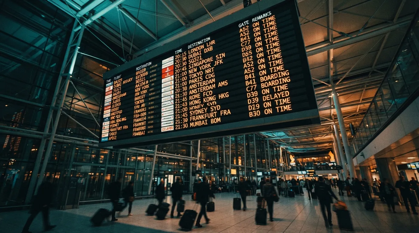 An overhead view of a departures board in a busy airport terminal with travelers walking below