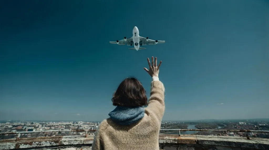 A person on a rooftop waving at a departing airplane