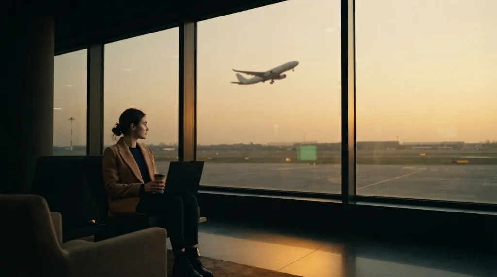 A traveler at an airport window with a closed laptop as a plane climbs out