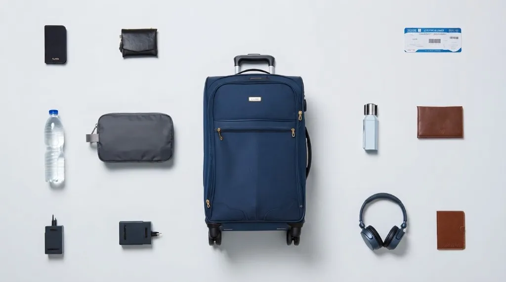 Travel packing flat lay with a suitcase, boarding pass, wallets, and headphones on a white table