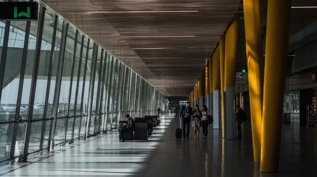 Travelers in a sunlit airport corridor with glass walls and yellow columns