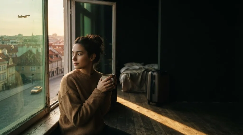 A traveler at an apartment window with a city street below and a plane high in the sky
